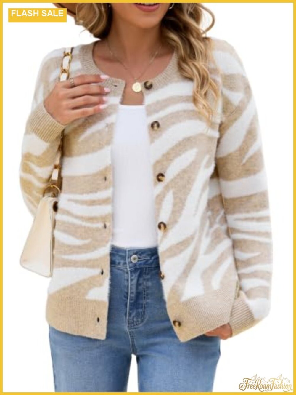 Women's Long Sleeve Animal Print Cardigan Sweater Crewneck Button Down